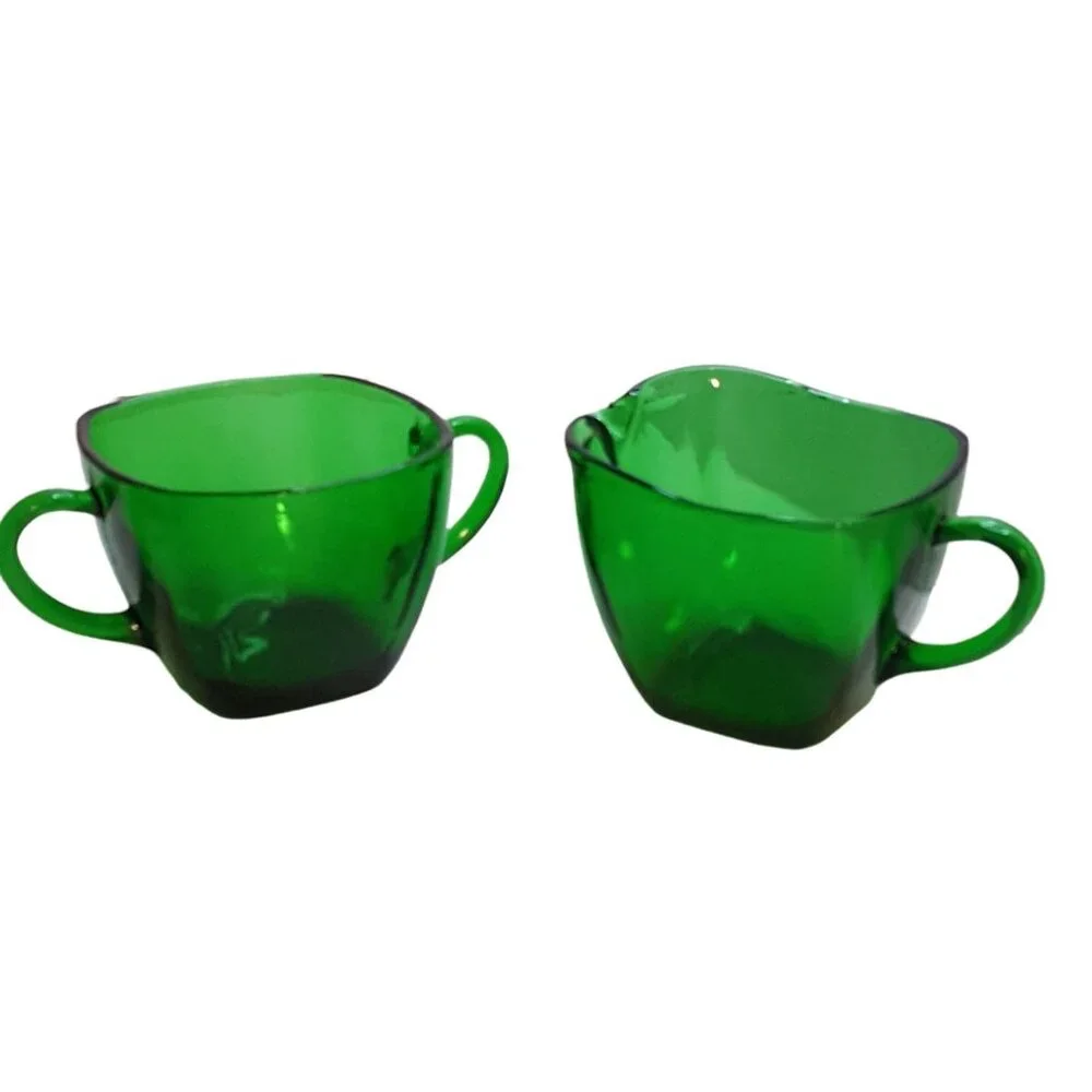 Vintage Anchor Hocking Forest Green Charm Square Creamer & Sugar‎ Bowl